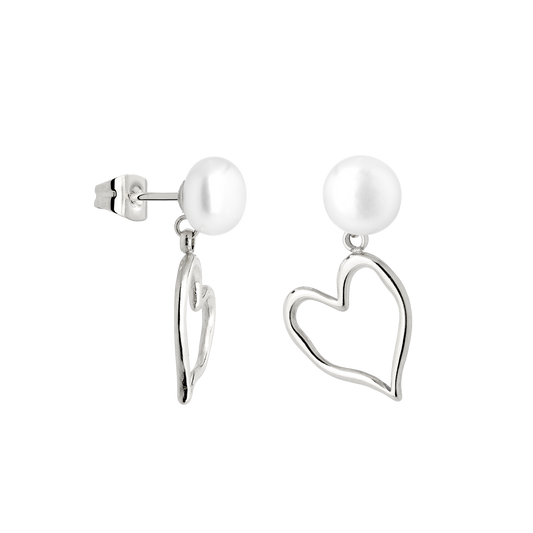 Melting Heart Pearl Studs Silver