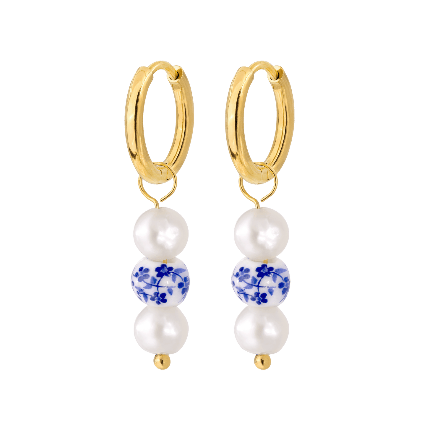 Flower Tile Pearl Hoop Set Small Gold