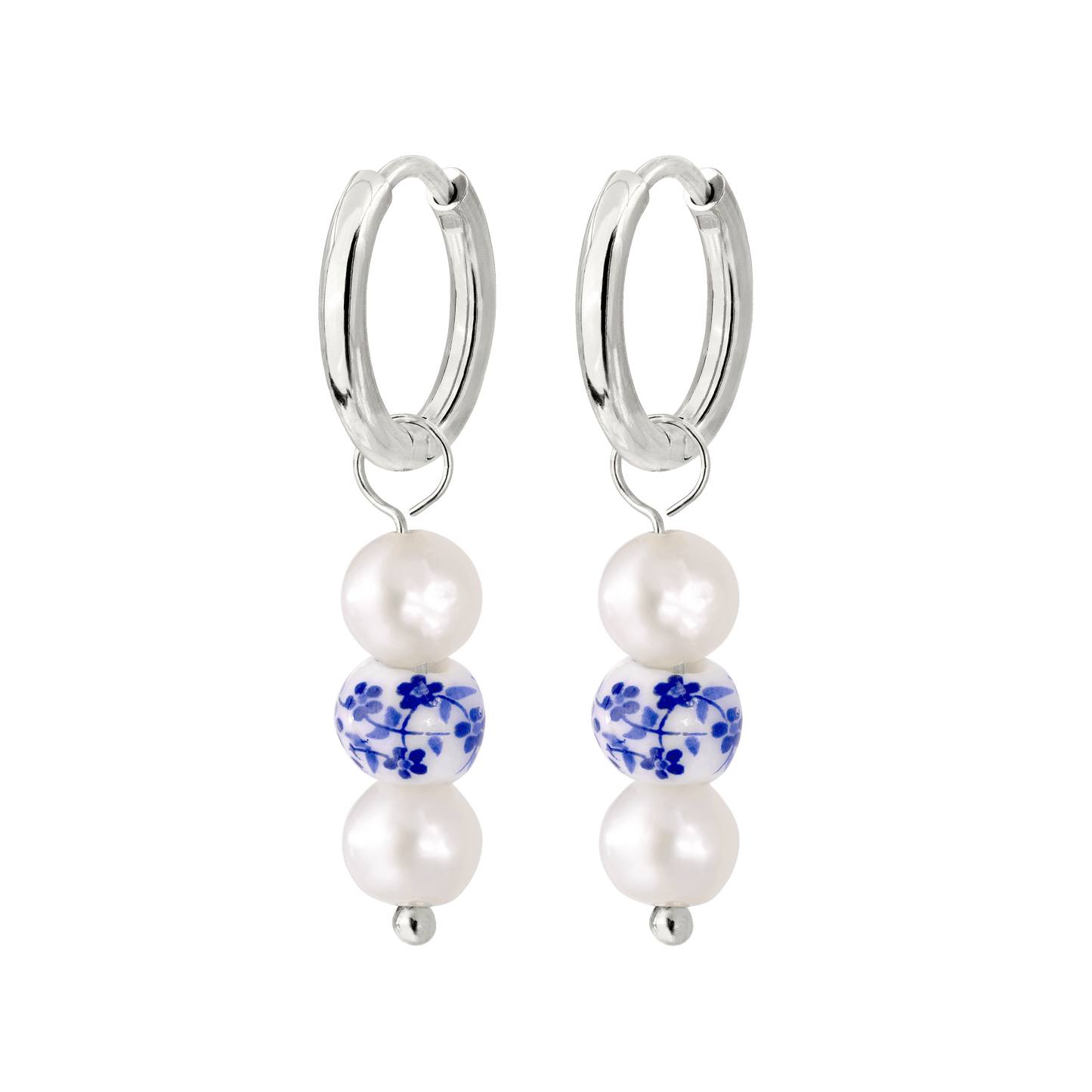 Flower Tile Pearl Hoop Set Small Silver