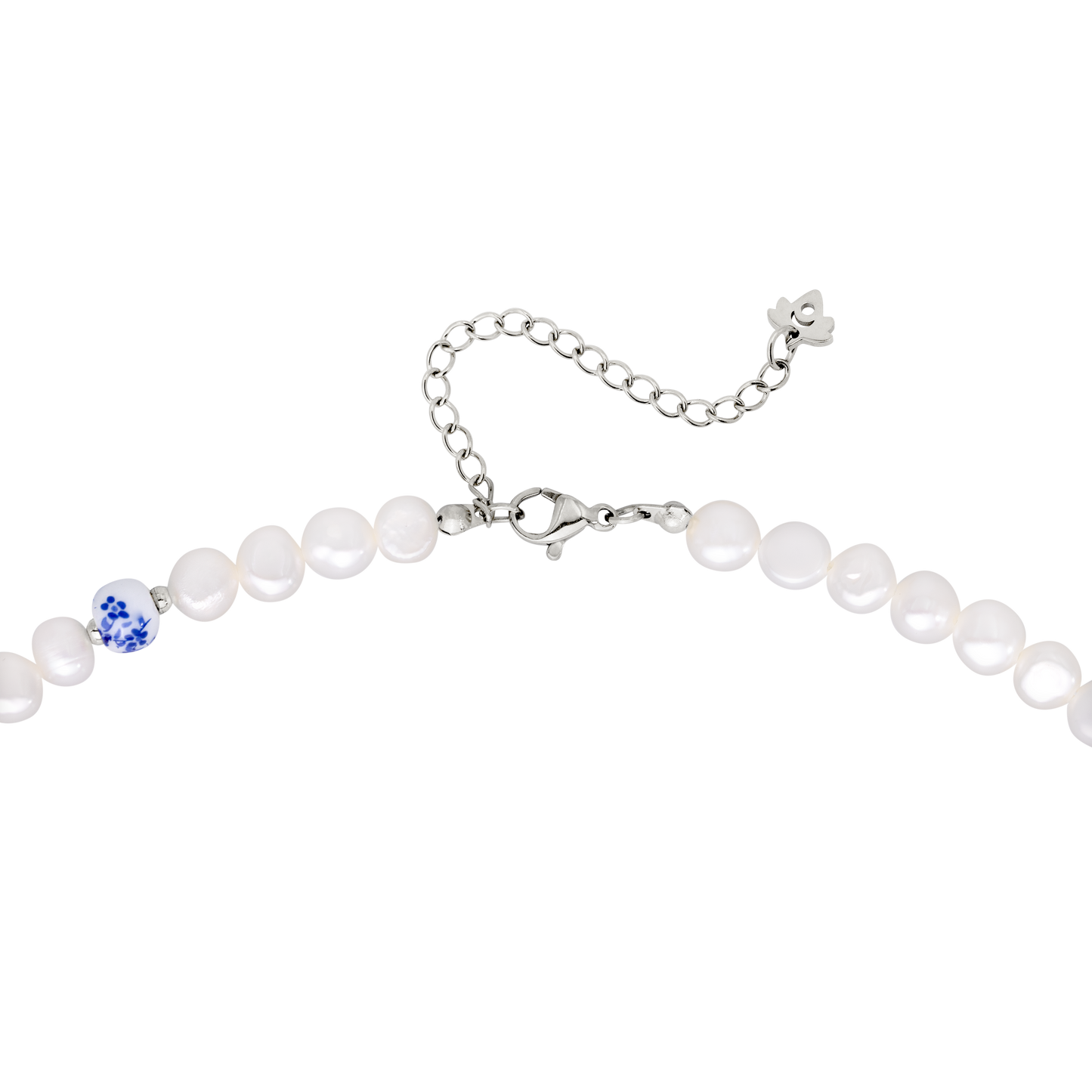 Flower Tile Pearl Necklace Silver