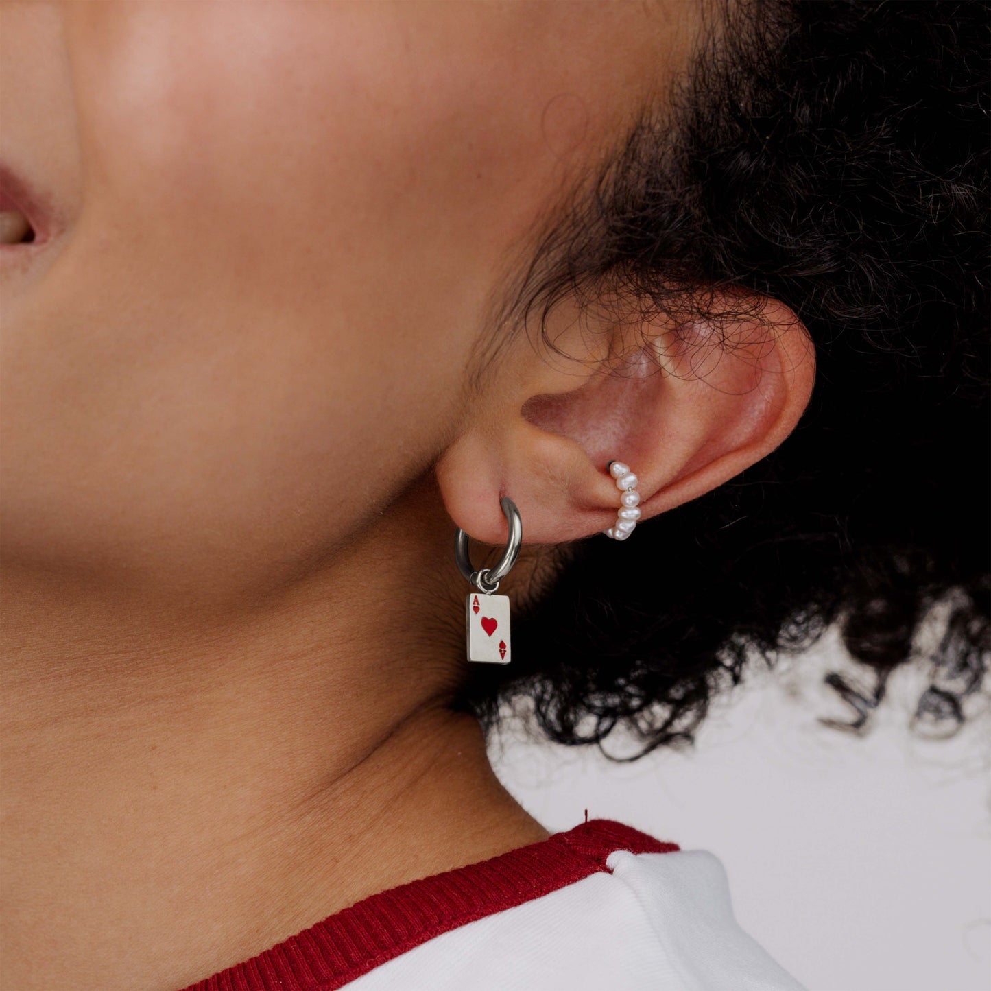 Red Ace Hoop Set Small Silver