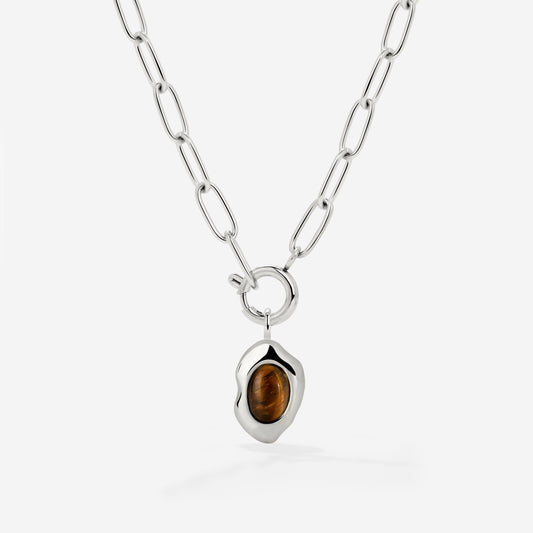 Tiger's Eye Oval Links Necklace Set Silver