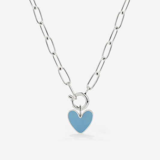 Blue Heart Oval Links Necklace Set Silver