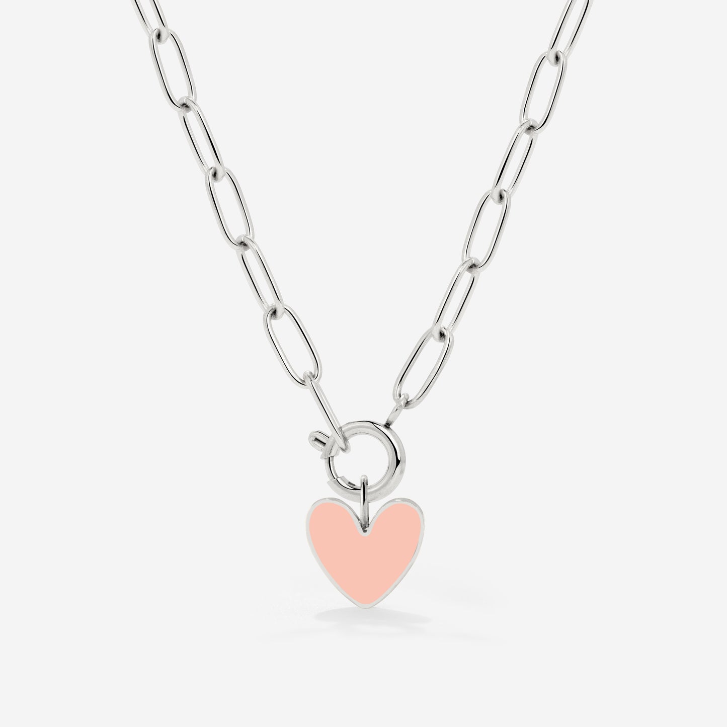 Pink Heart Oval Links Necklace Set Silver