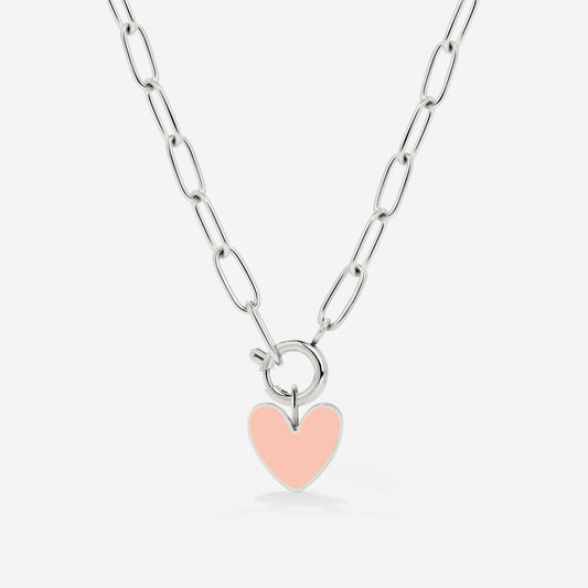 Pink Heart Oval Links Necklace Set Silver