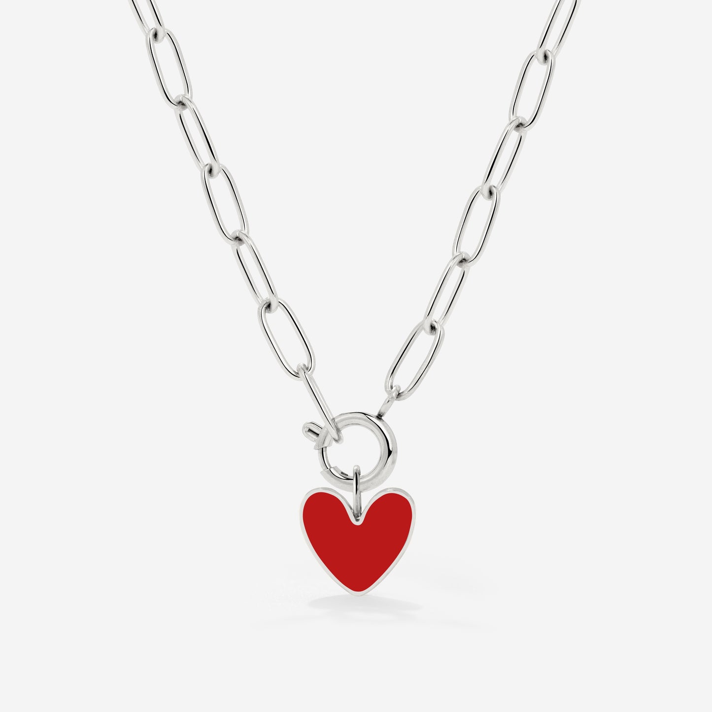 Red Heart Oval Links Necklace Set Silver