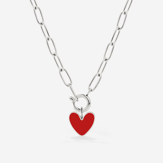 Red Heart Oval Links Necklace Set Silver