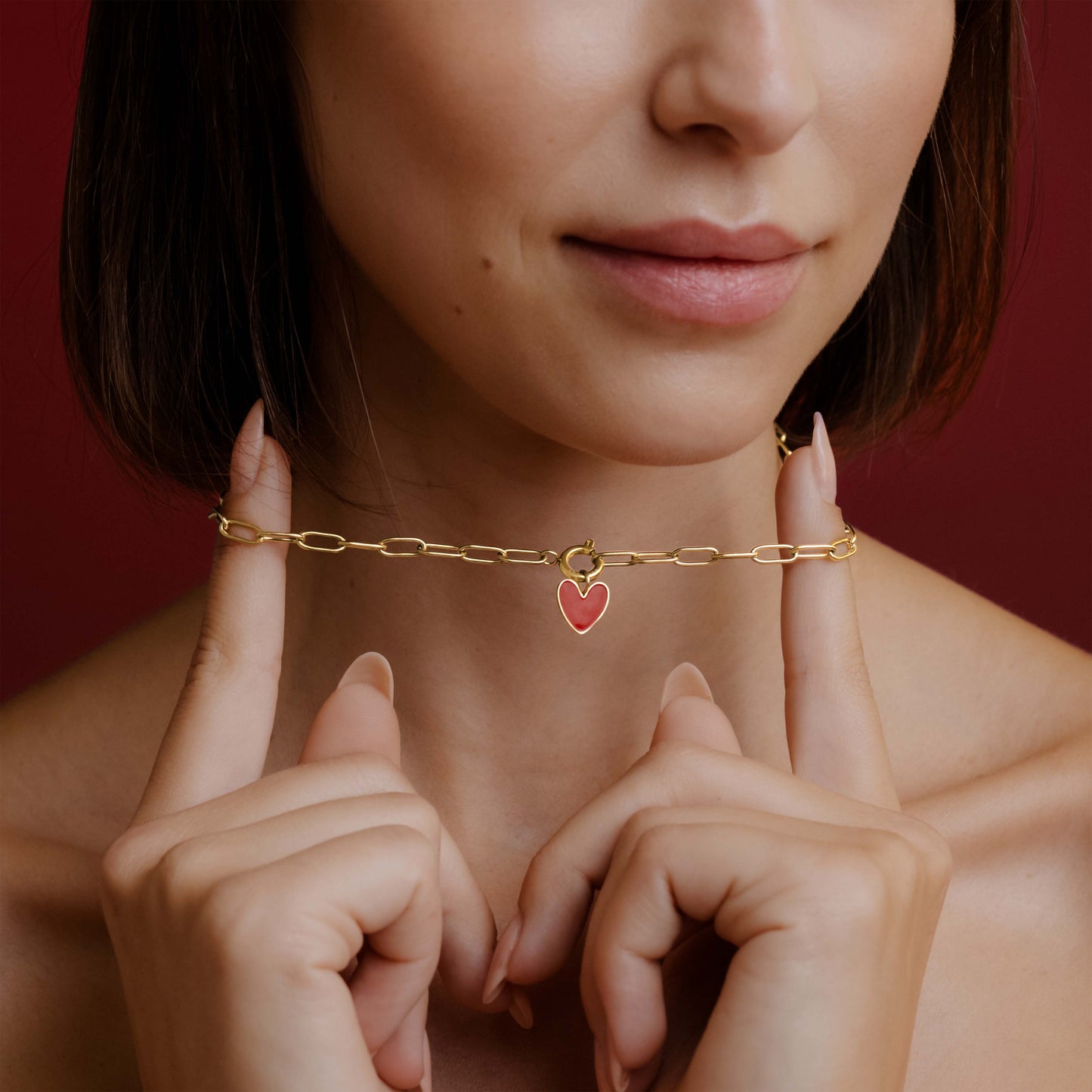 Red Heart Oval Links Necklace Set Gold