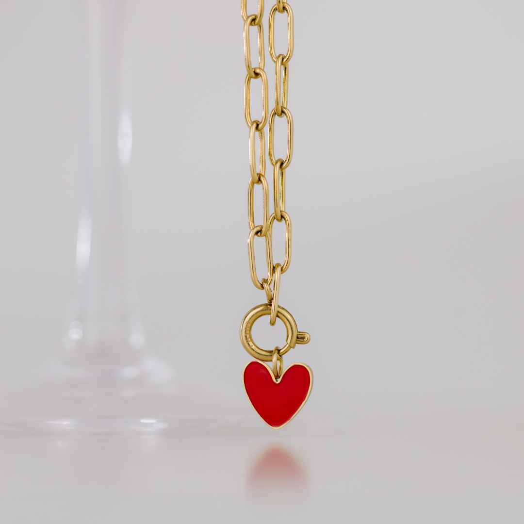 Red Heart Oval Links Necklace Set Gold