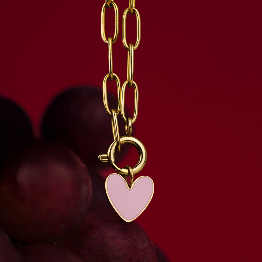 Pink Heart Oval Links Necklace Set Rose Gold