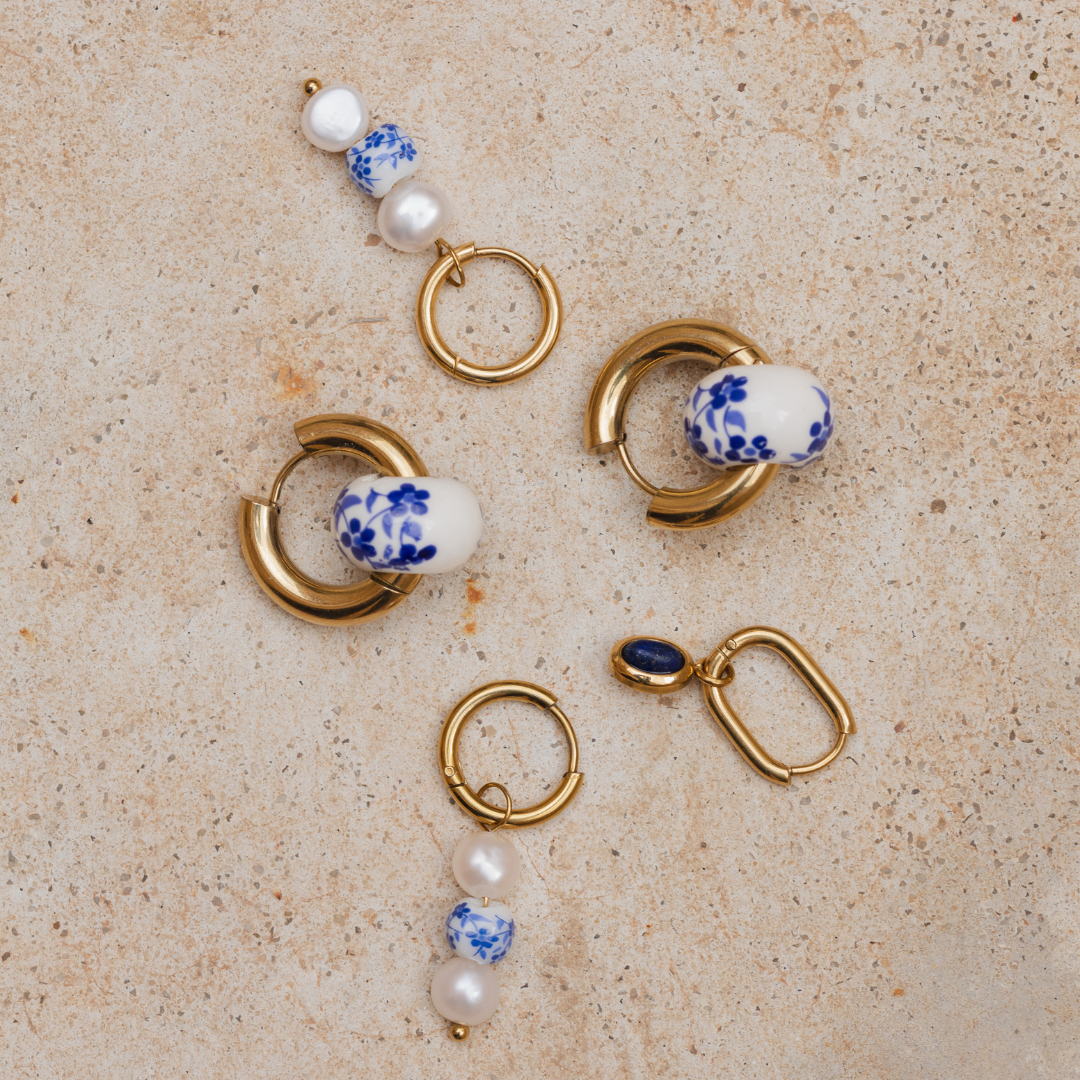 Flower Tile Pearl Hoop Set Small Silver