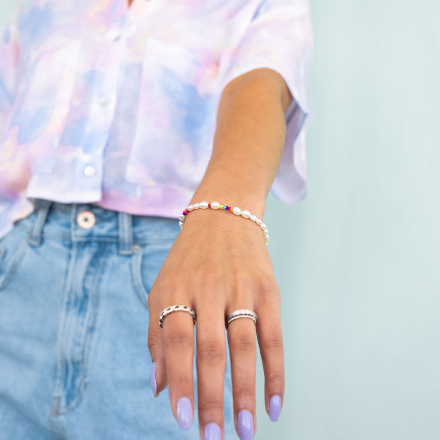 Rainbow Pearl Bracelet Silver