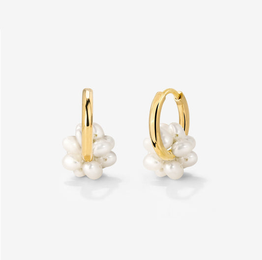 Pearl Cluster Hoops Stud Earrings Gold