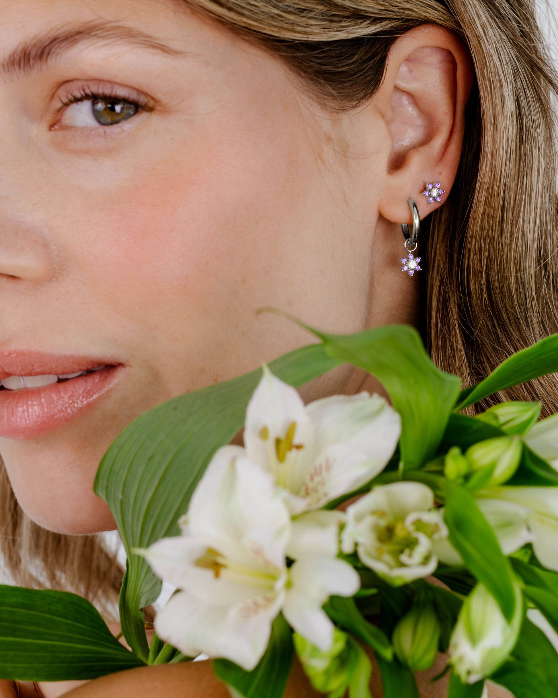 Sparkling Purple Petal Studs Silver