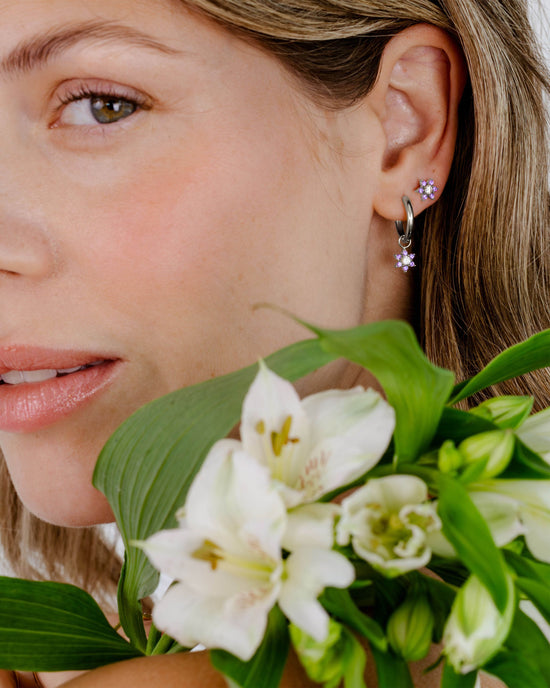Sparkling Purple Petal Studs Silver