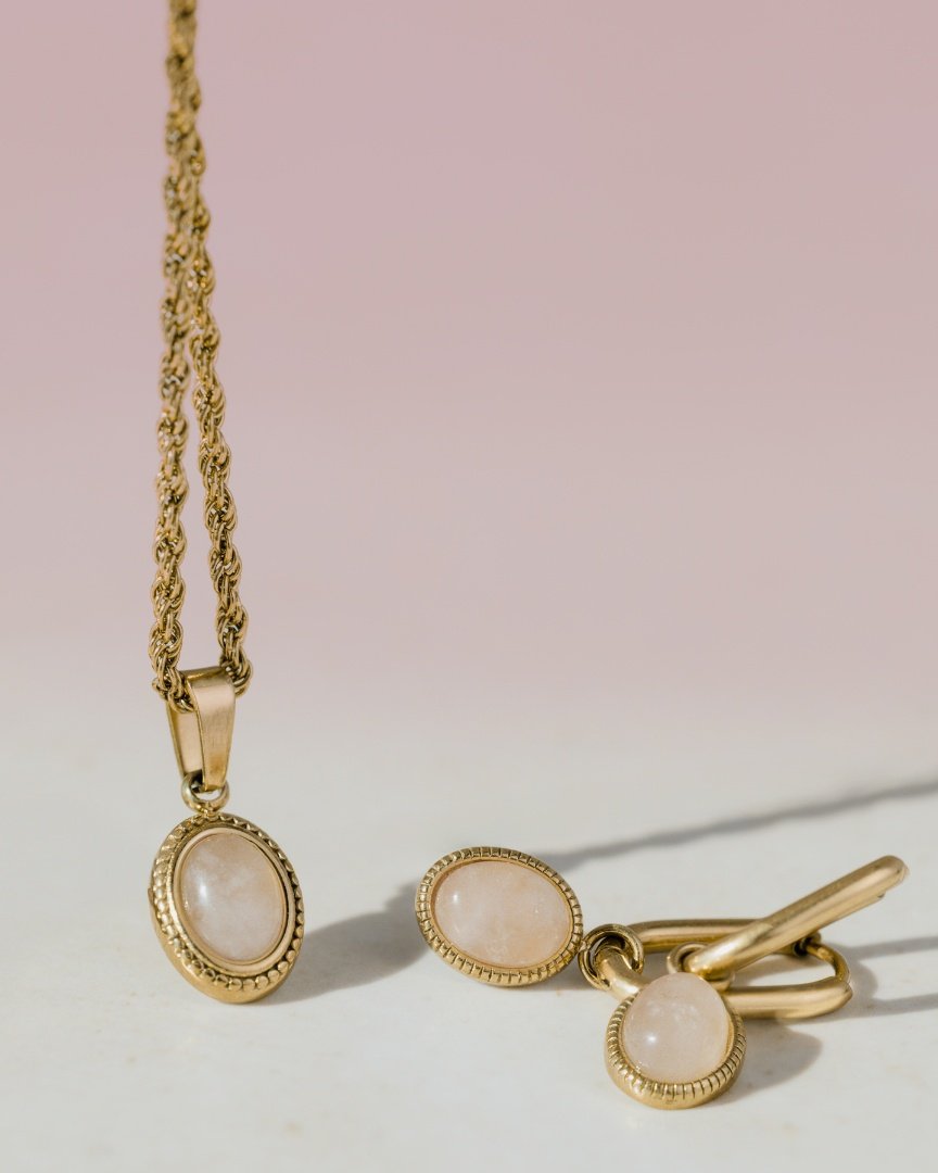 Blush Quartz Oval Hoop Set Baby Gold