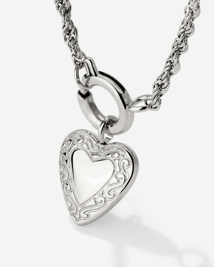 Vintage Heart Rope Chain Necklace Set Silver