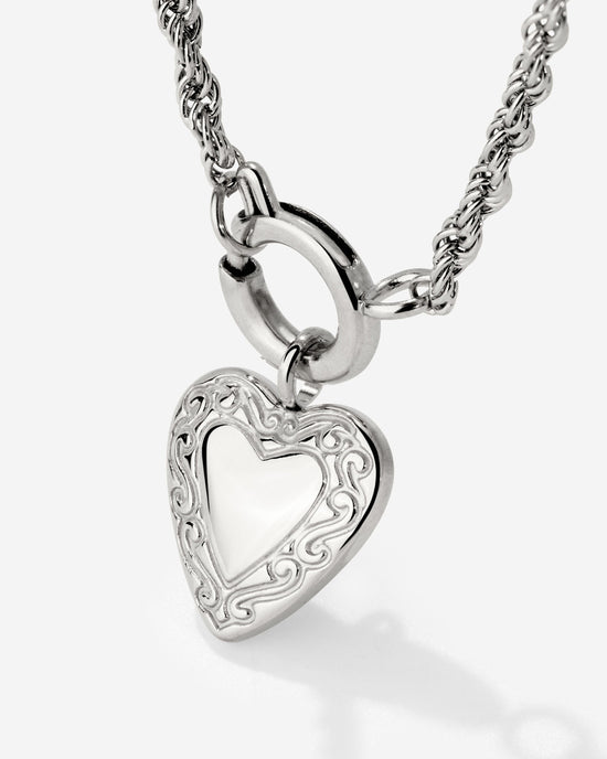Vintage Heart Rope Chain Necklace Set Silver