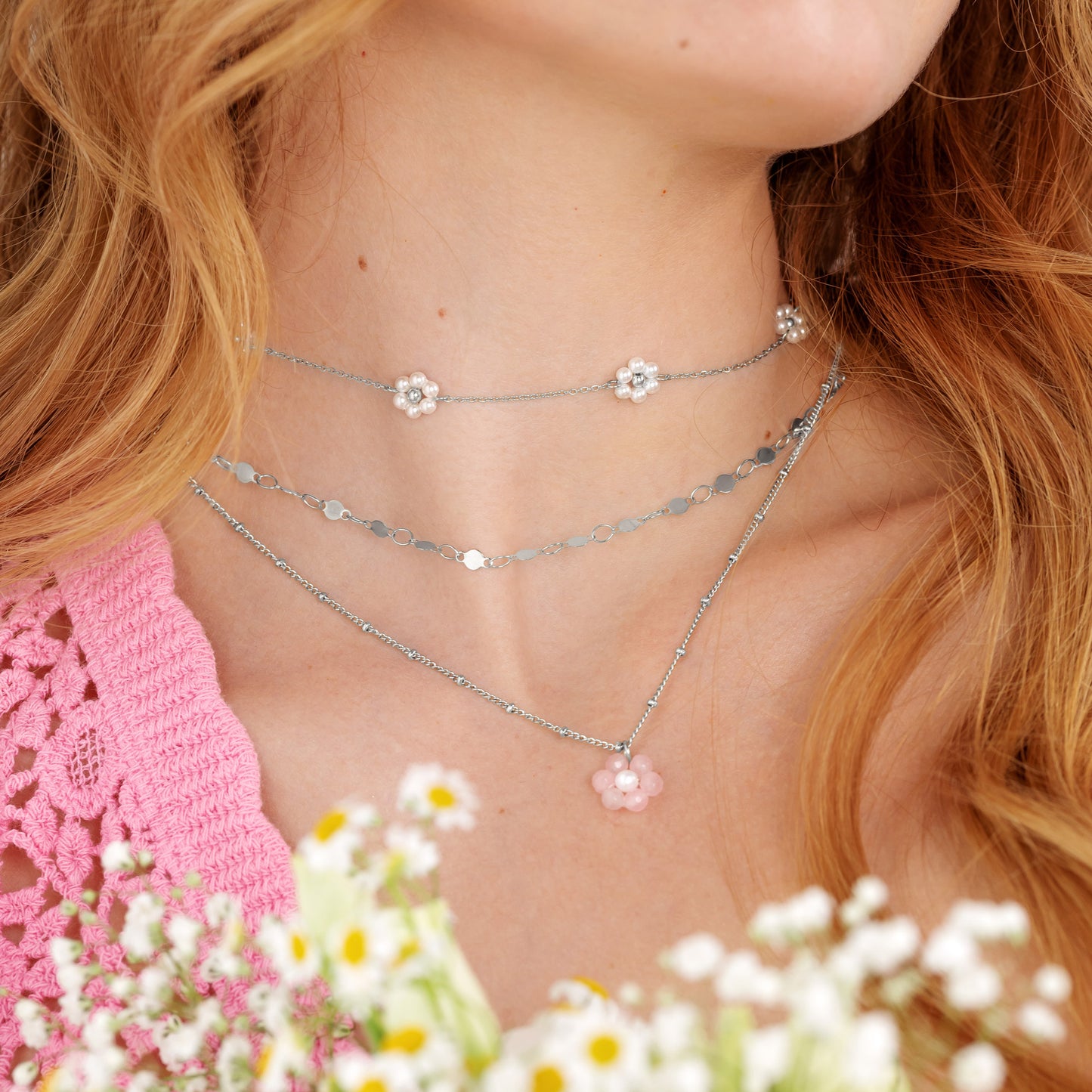 Rose Flower Necklace Silver