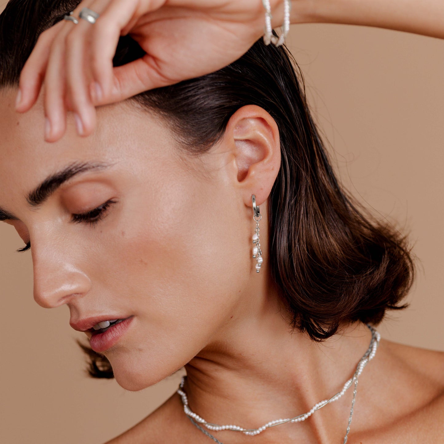 Pearl Chain Hoop Set Small Silver