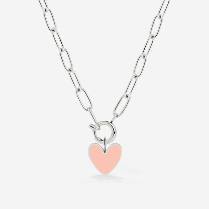 Pink Heart Oval Links Necklace Set Silver