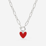 Red Heart Oval Links Necklace Set Silver