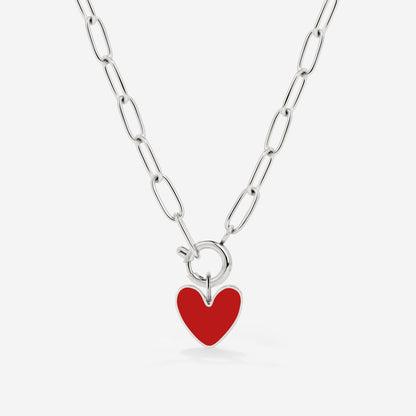 Red Heart Oval Links Necklace Set Silver