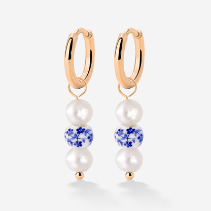 Flower Tile Pearl Hoop Set Small Rose Gold