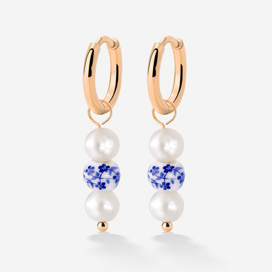 Flower Tile Pearl Hoop Set Small Rose Gold