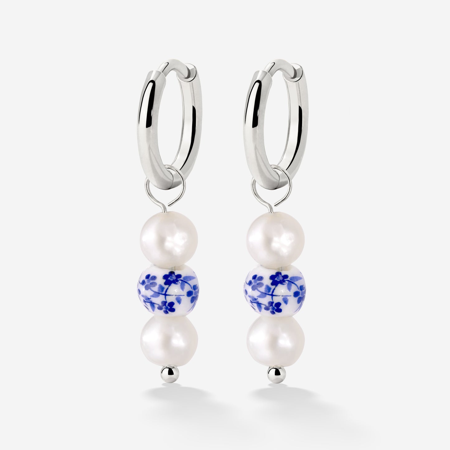 Flower Tile Pearl Hoop Set Small Silver