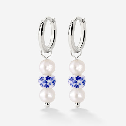 Flower Tile Pearl Hoop Set Small Silver