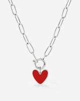 Red Heart Oval Links Necklace Set Silver