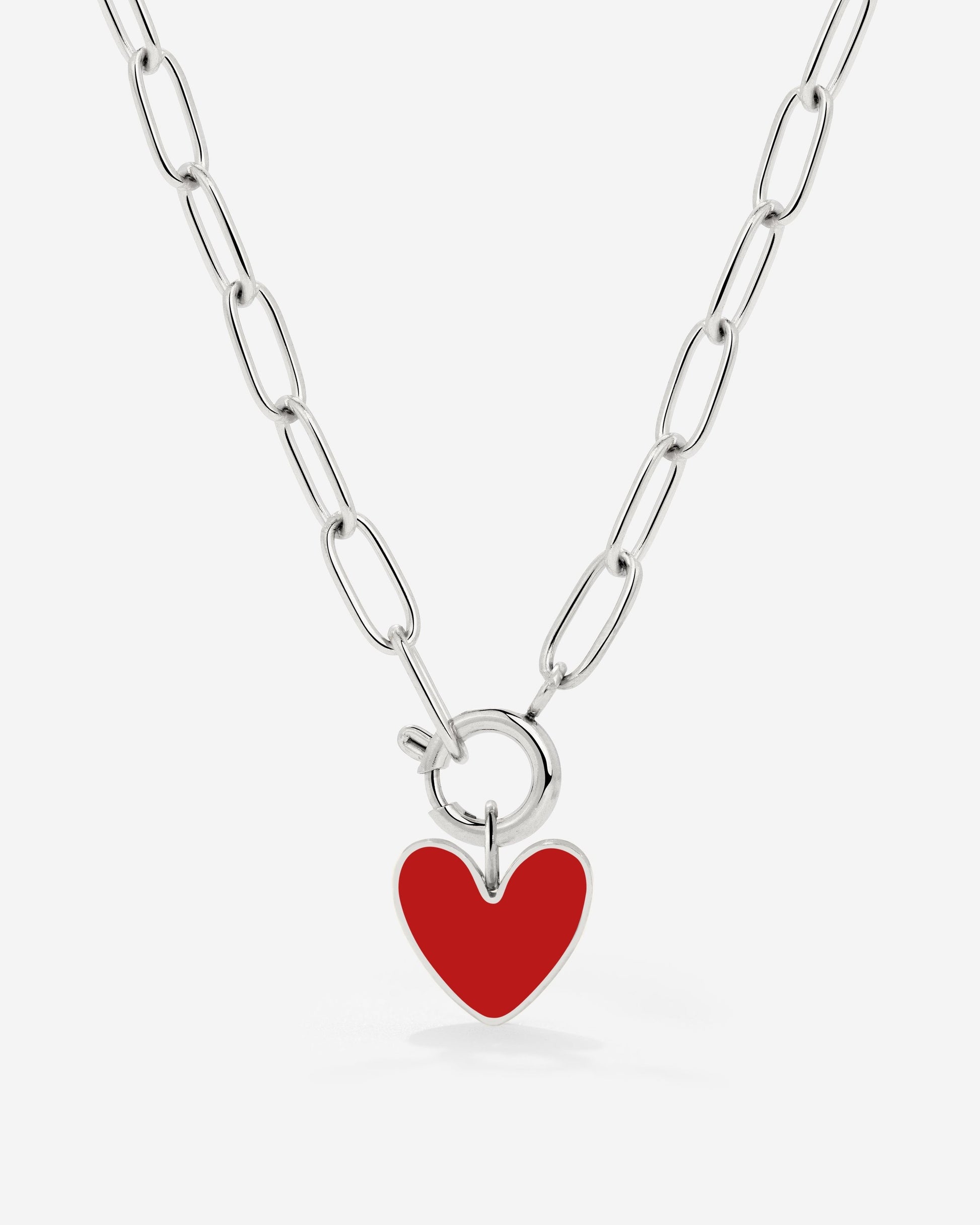 Red Heart Oval Links Necklace Set Silver