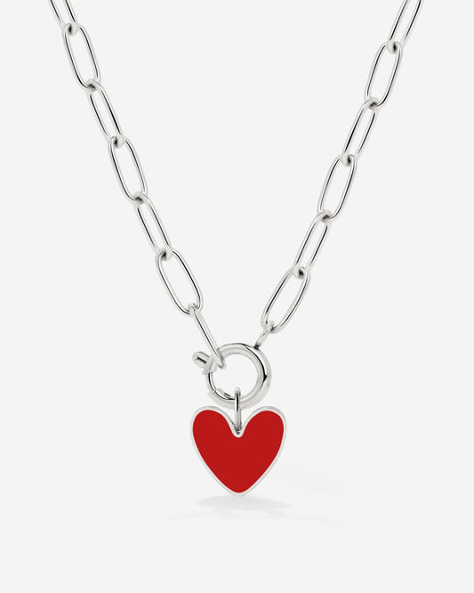 Red Heart Oval Links Necklace Set Silver