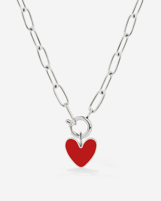Red Heart Oval Links Necklace Set Silver