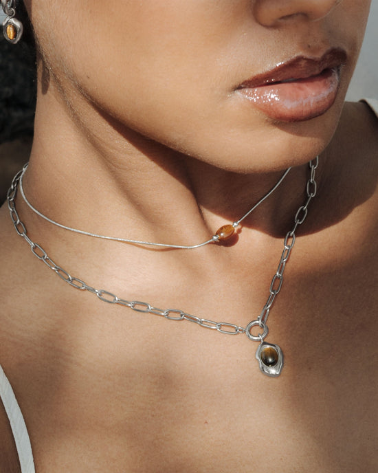 Tiger's Eye Oval Links Necklace Set Silver