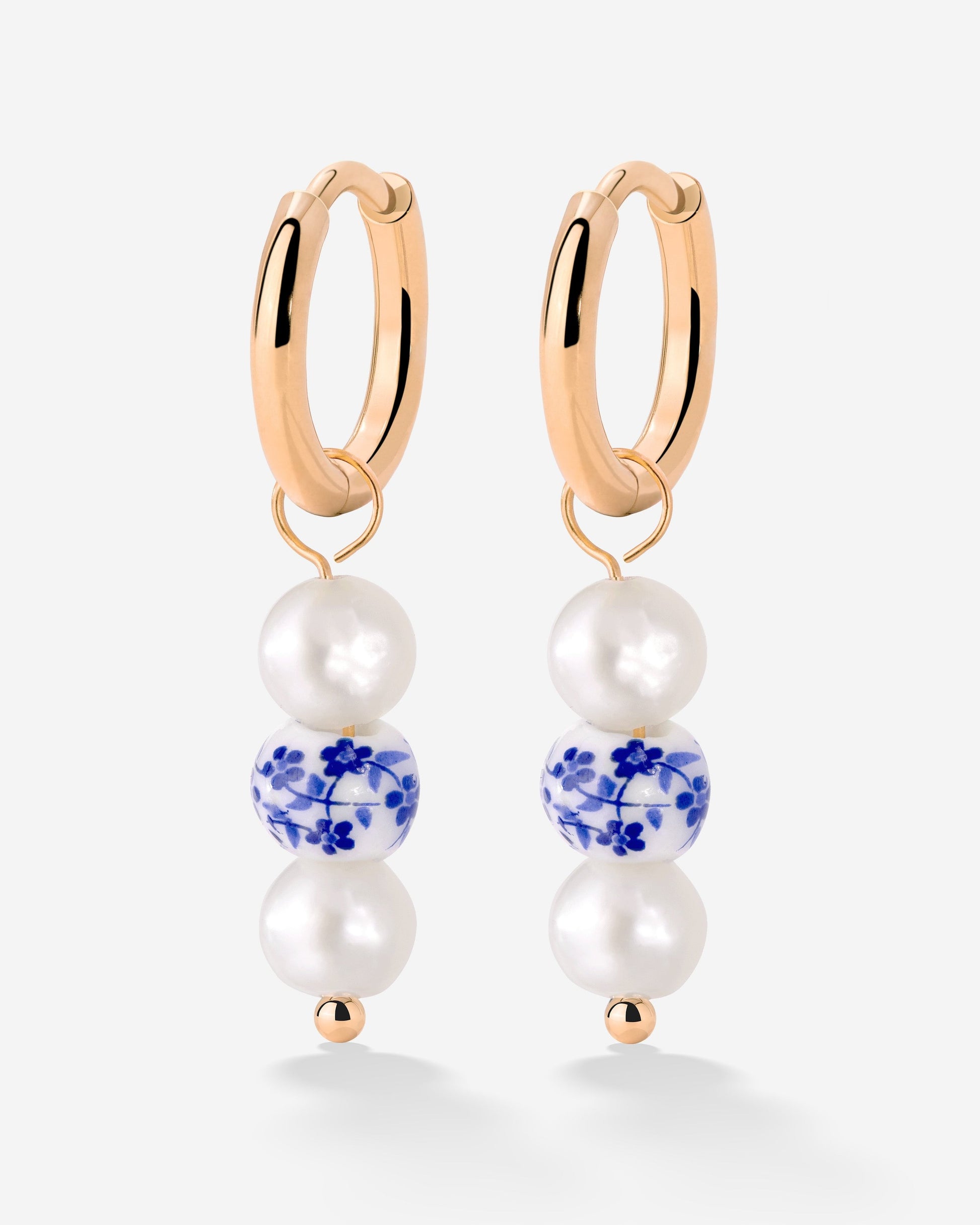 Flower Tile Pearl Hoop Set Small Rose Gold