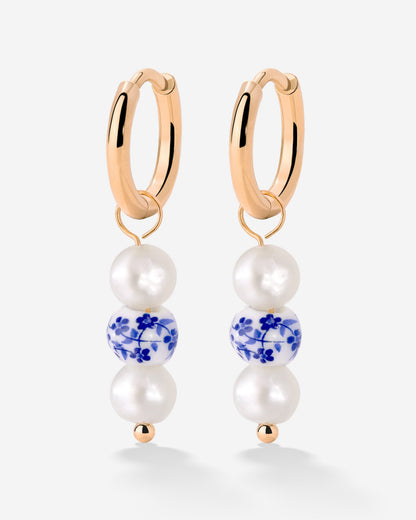 Flower Tile Pearl Hoop Set Small Rose Gold