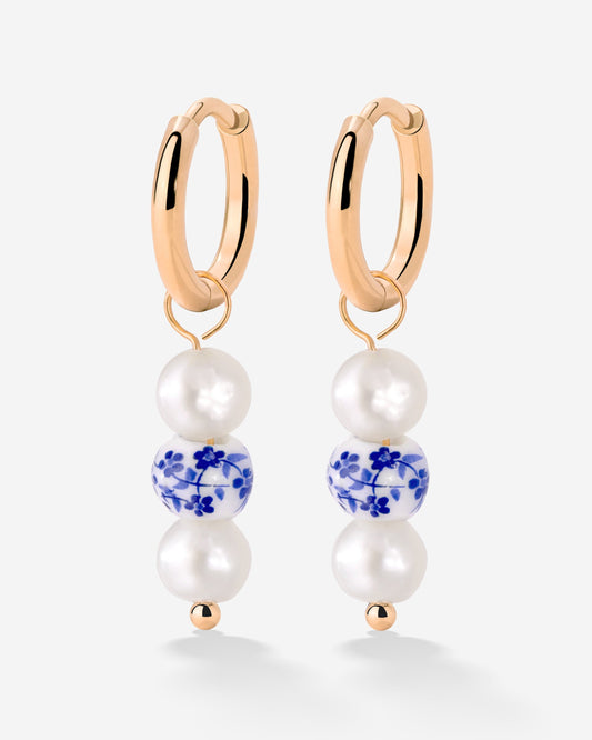 Flower Tile Pearl Hoop Set Small Rose Gold
