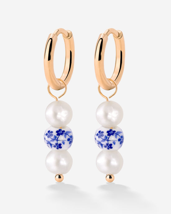 Flower Tile Pearl Hoop Set Small Rose Gold