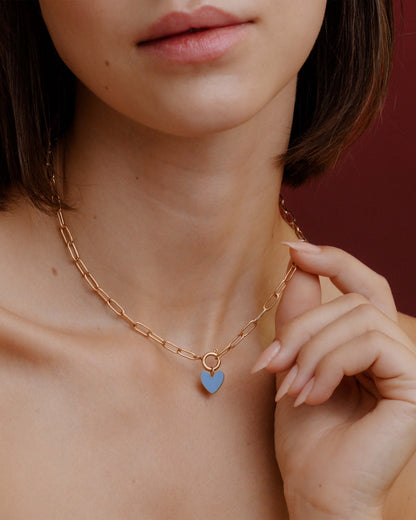 Blue Heart Oval Links Necklace Set Rose Gold