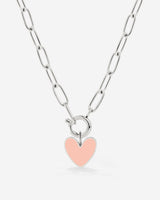 Pink Heart Oval Links Necklace Set Silver