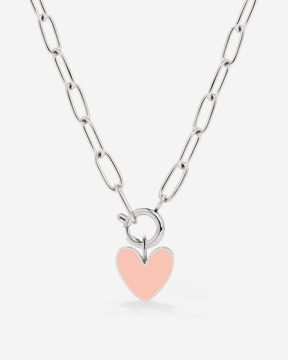 Pink Heart Oval Links Necklace Set Silver