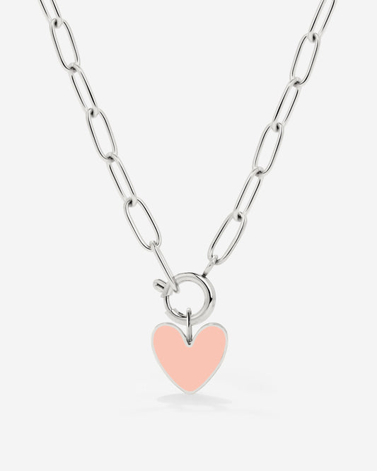 Pink Heart Oval Links Necklace Set Silver