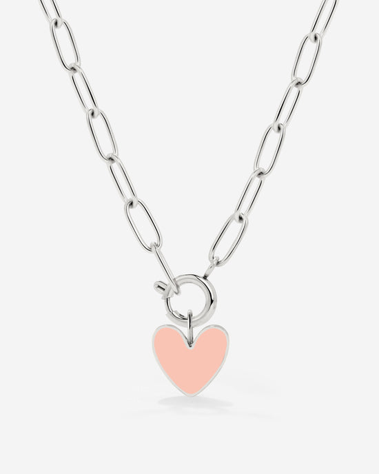 Pink Heart Oval Links Necklace Set Silver