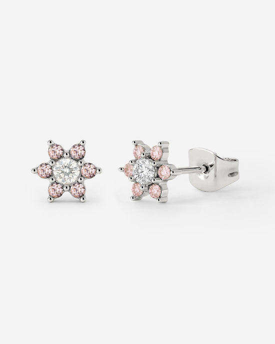 Sparkling Pink Petal Studs Silver