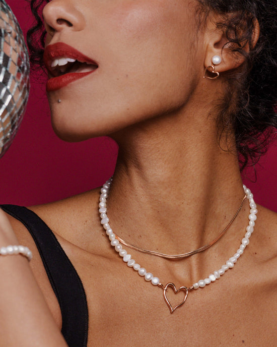 Melting Heart Pearl Necklace Rose Gold