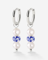 Flower Tile Pearl Hoop Set Small Silver
