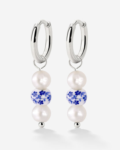 Flower Tile Pearl Hoop Set Small Silver