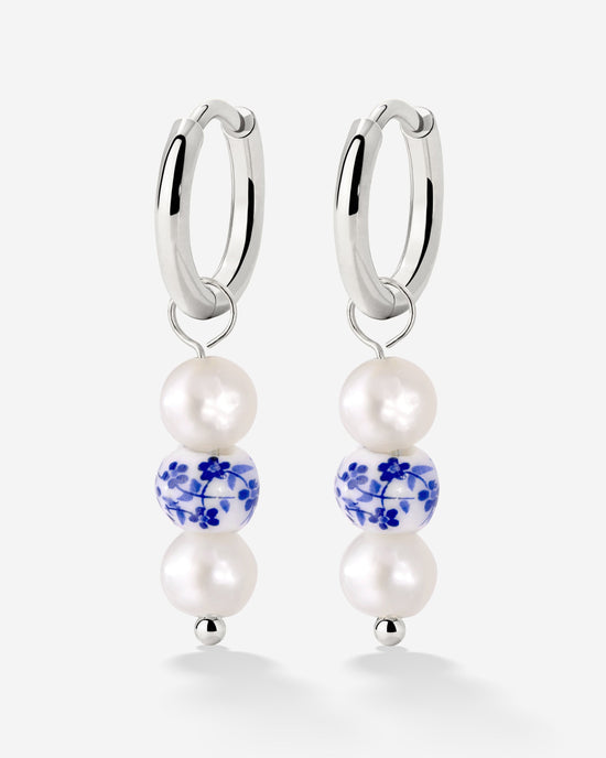Flower Tile Pearl Hoop Set Small Silver
